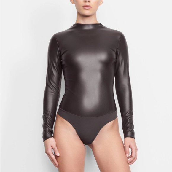 SKIMS Tops - SKIMS Brown Faux Leather Mockneck in Sooot Size S.   Added 2 photos of neck.